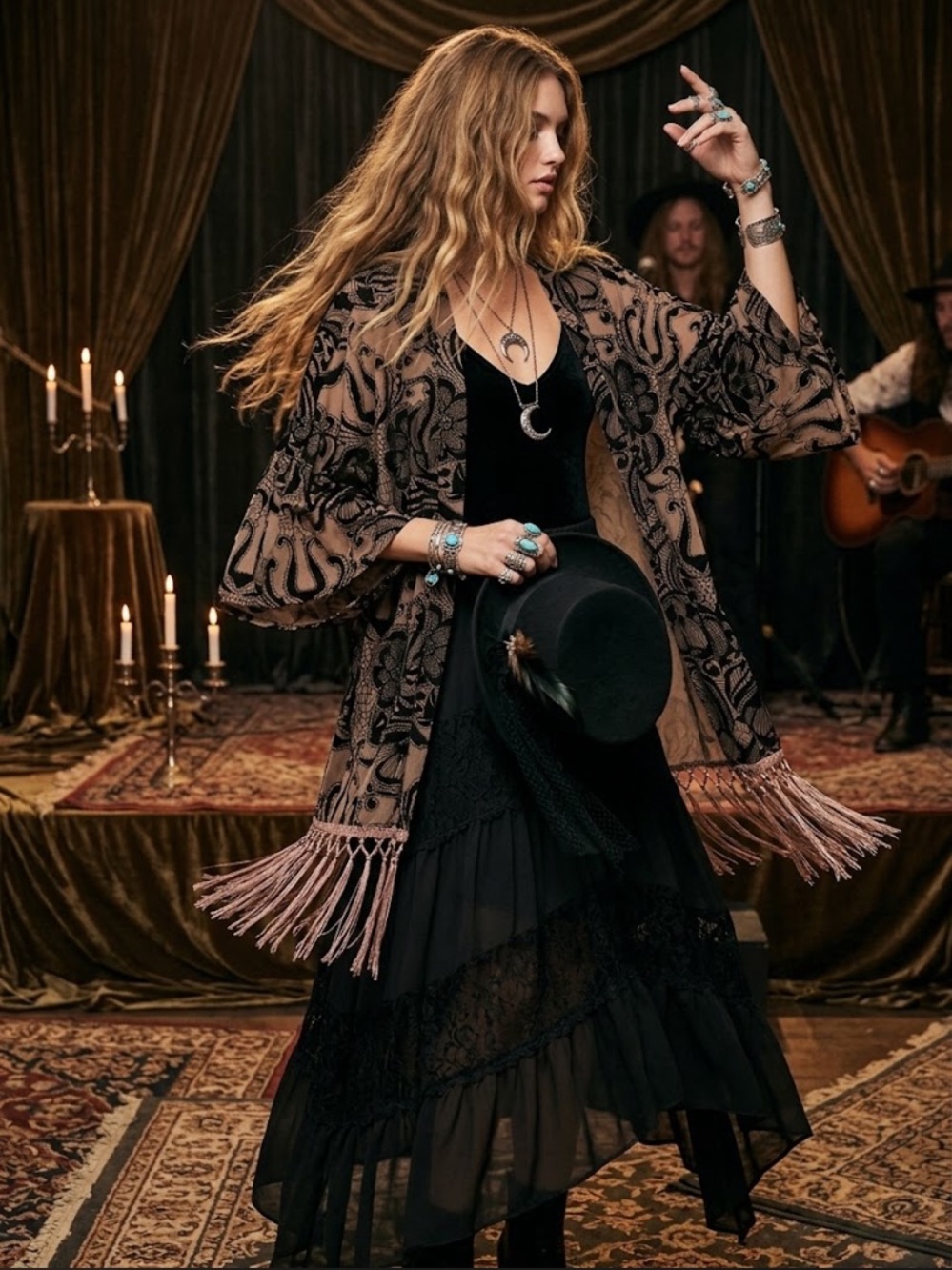62. UMGEE Velvet Flocked
Floral Mesh Fringe Kimono Duster S/M
